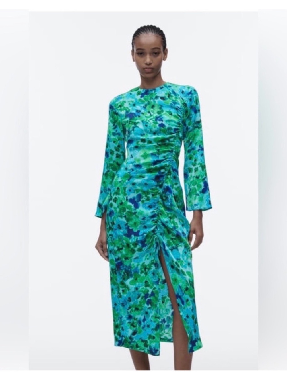 NEW Zara Blue and Green Water Color Floral Long Sleeve Midi Dress